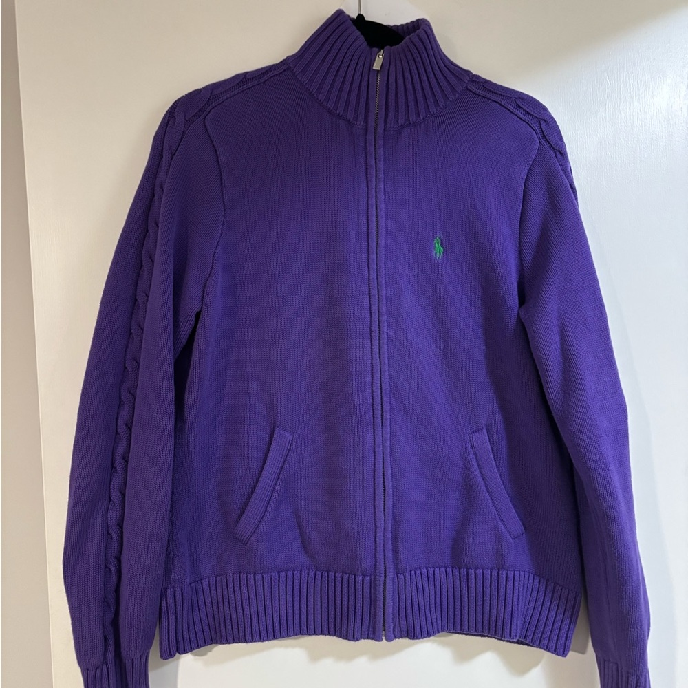 Ralph Lauren Purple Zip-Up Cable Sleeve Turtleneck Sweater Jacket
